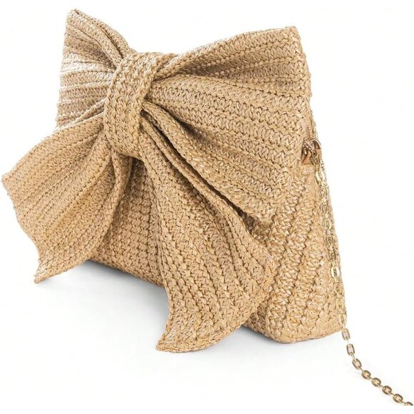 Women's Straw Bow Crossbody Bag Polyester Summer Satchel with Chain - Picture 2 of 6